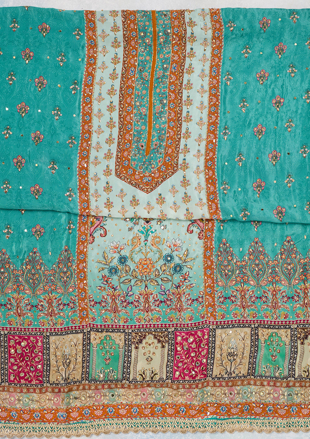 Turquoise Blue Cutdana Semi Crepe Unstitched Salwar Suit
