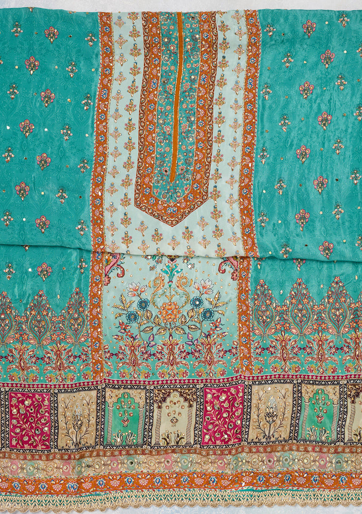 Turquoise Blue Cutdana Semi Crepe Unstitched Salwar Suit