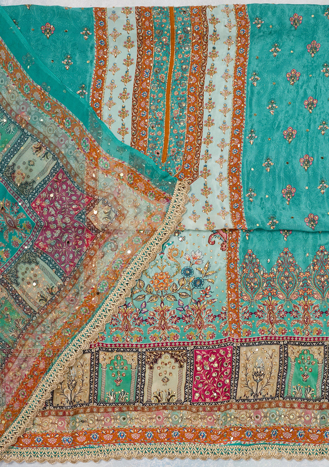 Turquoise Blue Cutdana Semi Crepe Unstitched Salwar Suit
