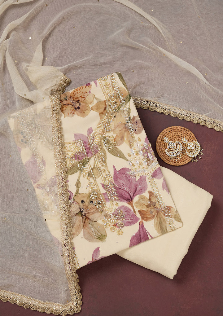 Cream Cutdana Semi Crepe Unstitched Salwar Suit