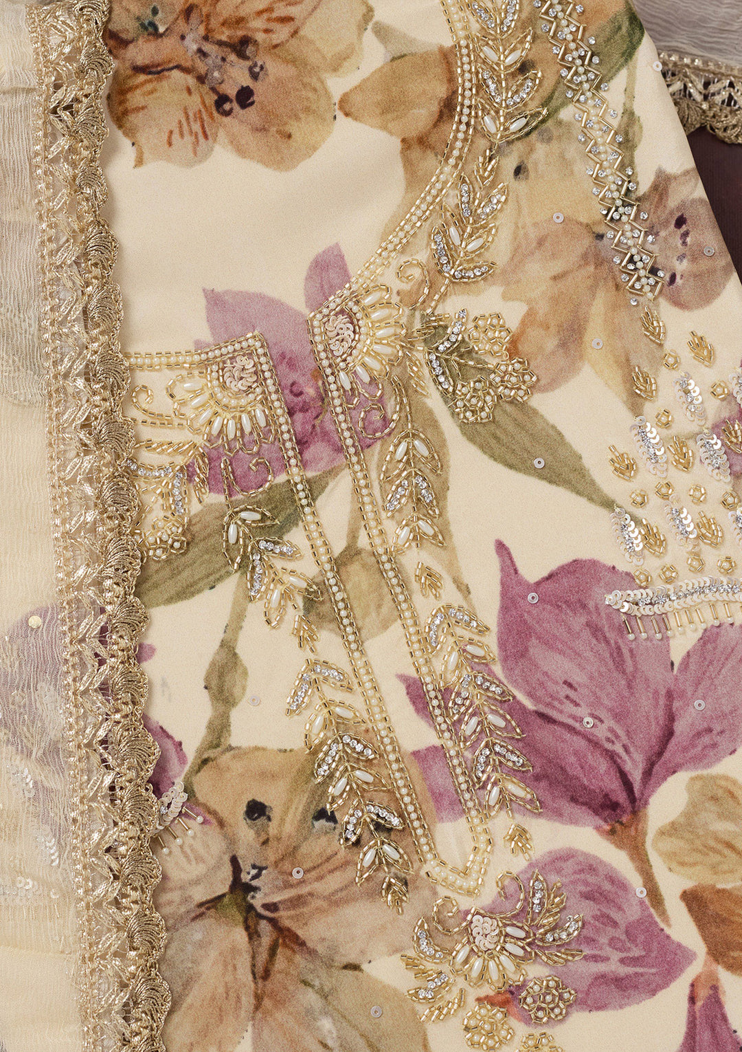 Cream Cutdana Semi Crepe Unstitched Salwar Suit