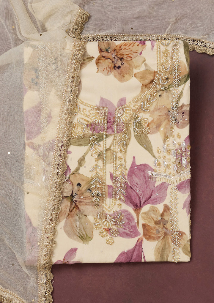 Cream Cutdana Semi Crepe Unstitched Salwar Suit