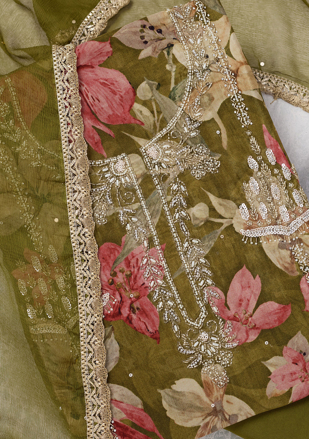 Mehendi Cutdana Semi Crepe Unstitched Salwar Suit