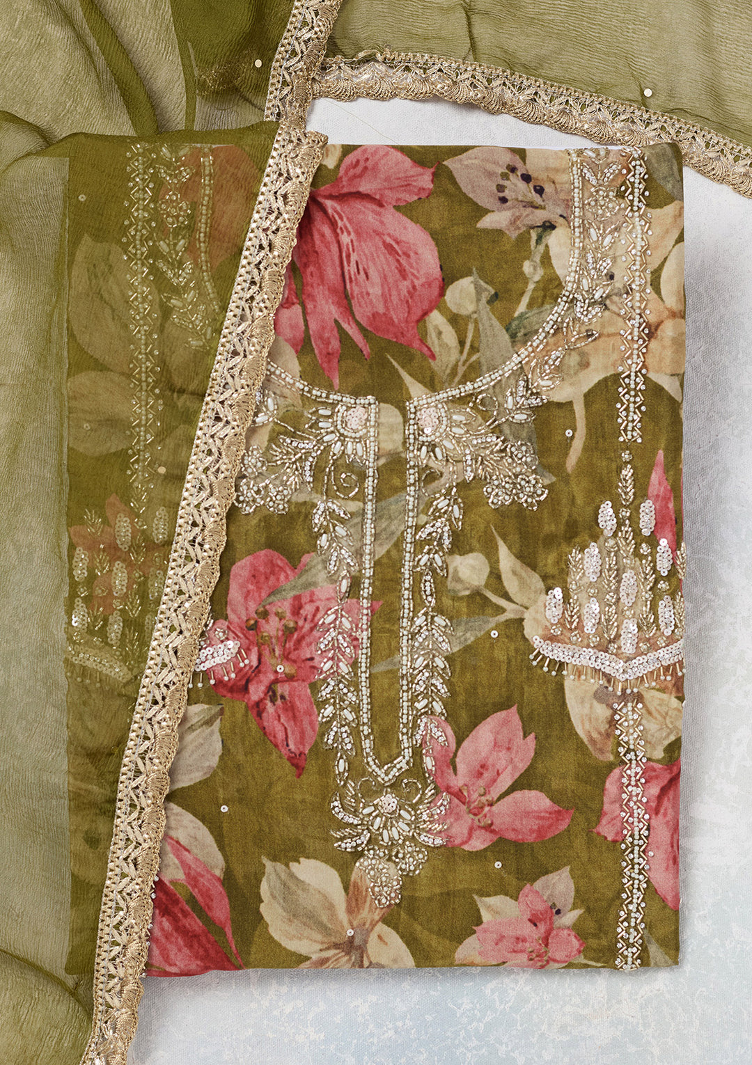 Mehendi Cutdana Semi Crepe Unstitched Salwar Suit