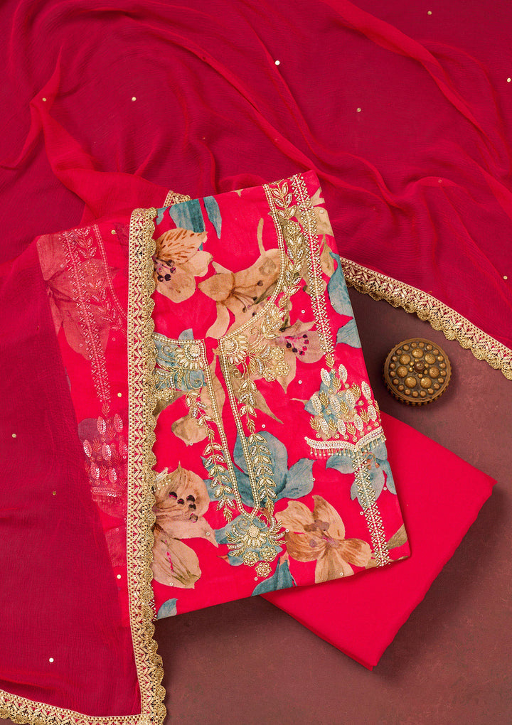 Rani Pink Cutdana Semi Crepe Unstitched Salwar Suit