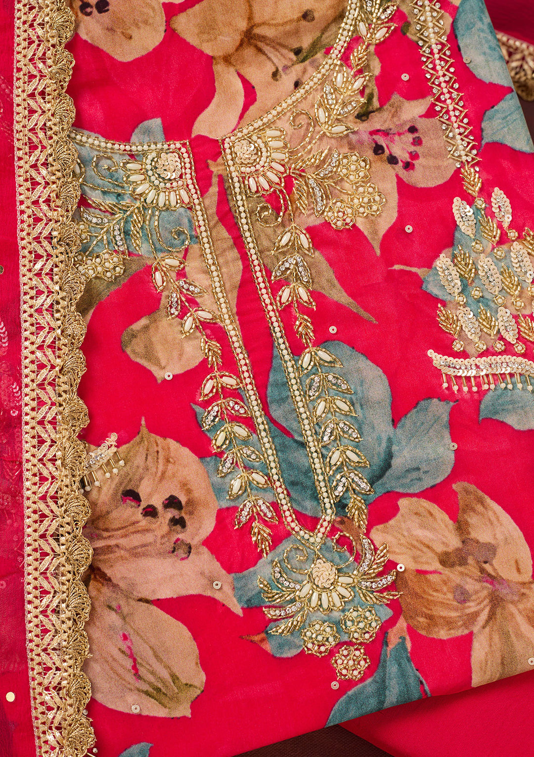 Rani Pink Cutdana Semi Crepe Unstitched Salwar Suit