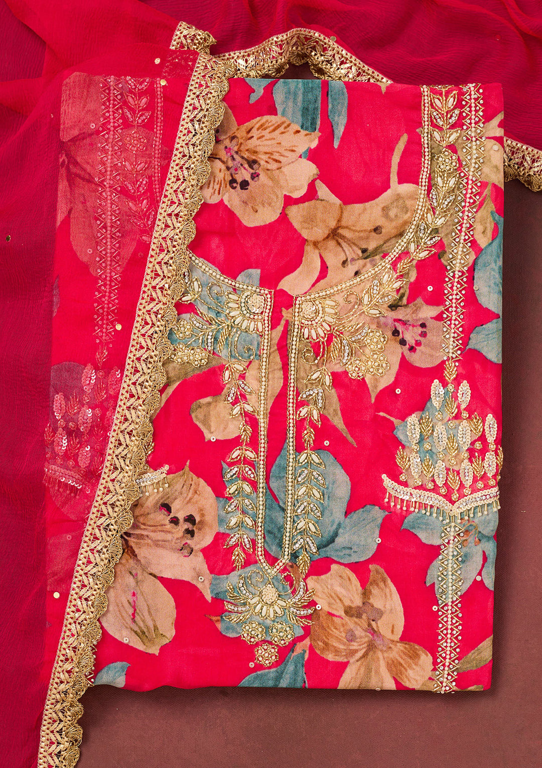 Rani Pink Cutdana Semi Crepe Unstitched Salwar Suit
