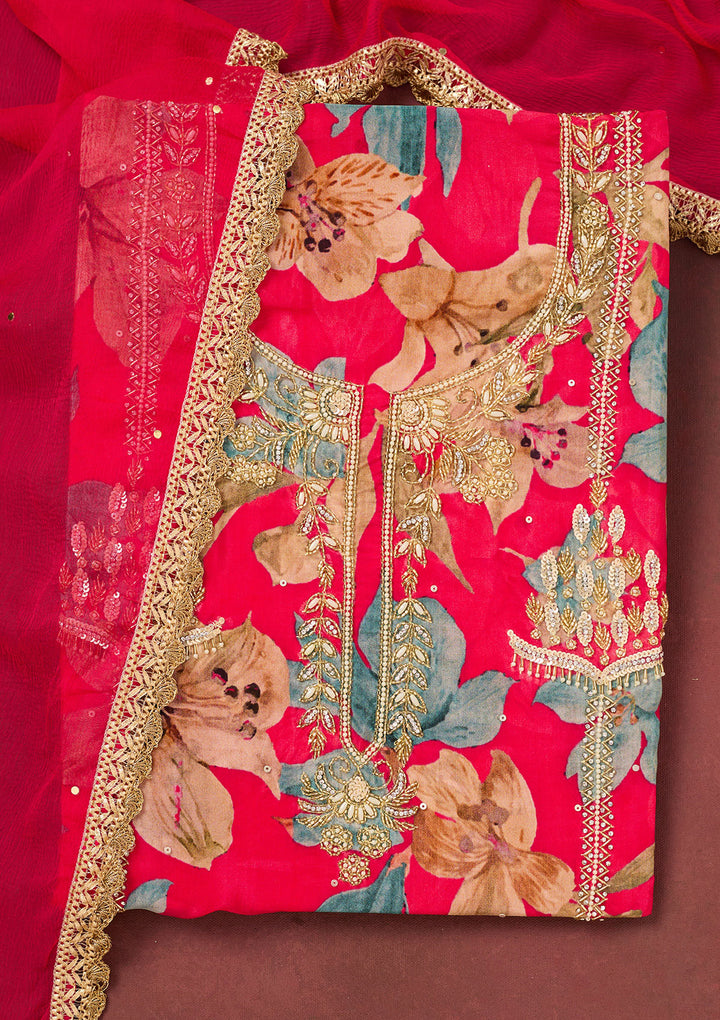 Rani Pink Cutdana Semi Crepe Unstitched Salwar Suit