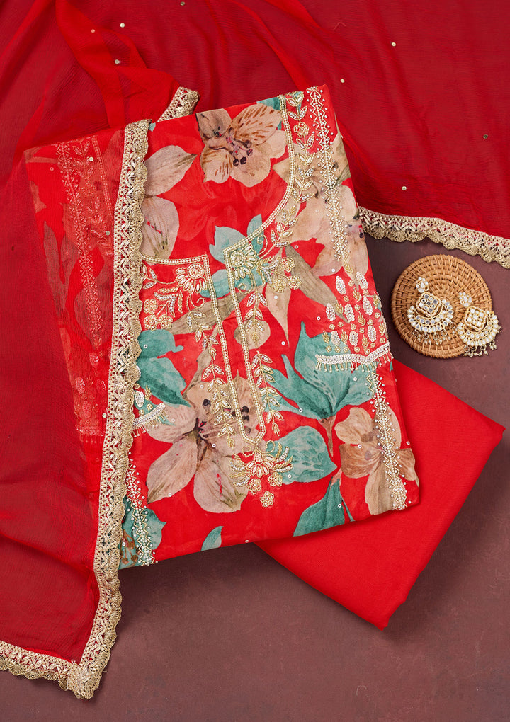 Red Cutdana Semi Crepe Unstitched Salwar Suit