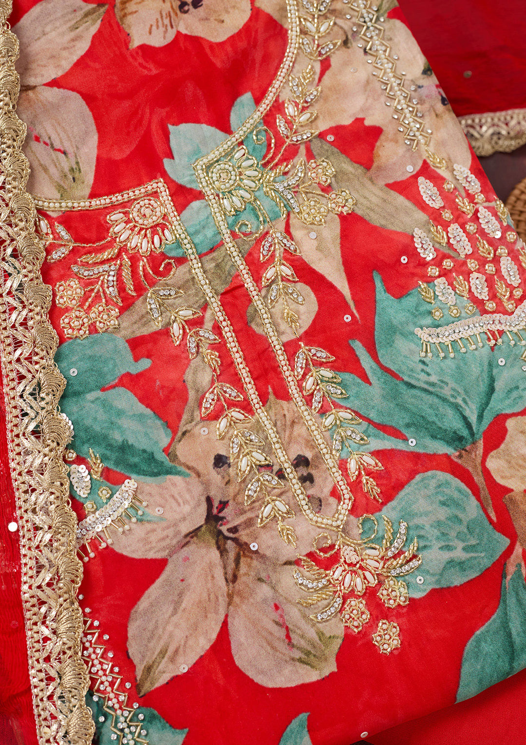 Red Cutdana Semi Crepe Unstitched Salwar Suit