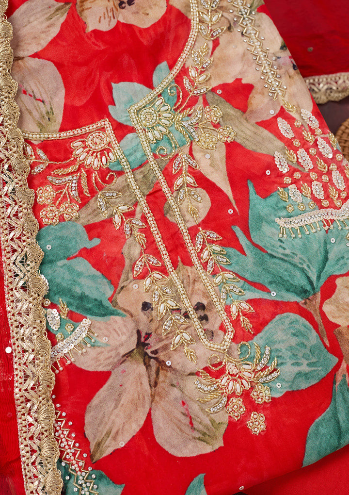 Red Cutdana Semi Crepe Unstitched Salwar Suit