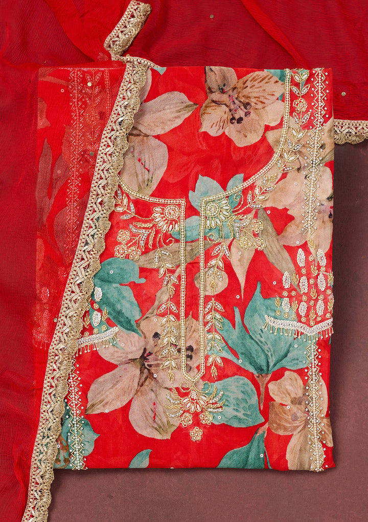 Red Cutdana Semi Crepe Unstitched Salwar Suit