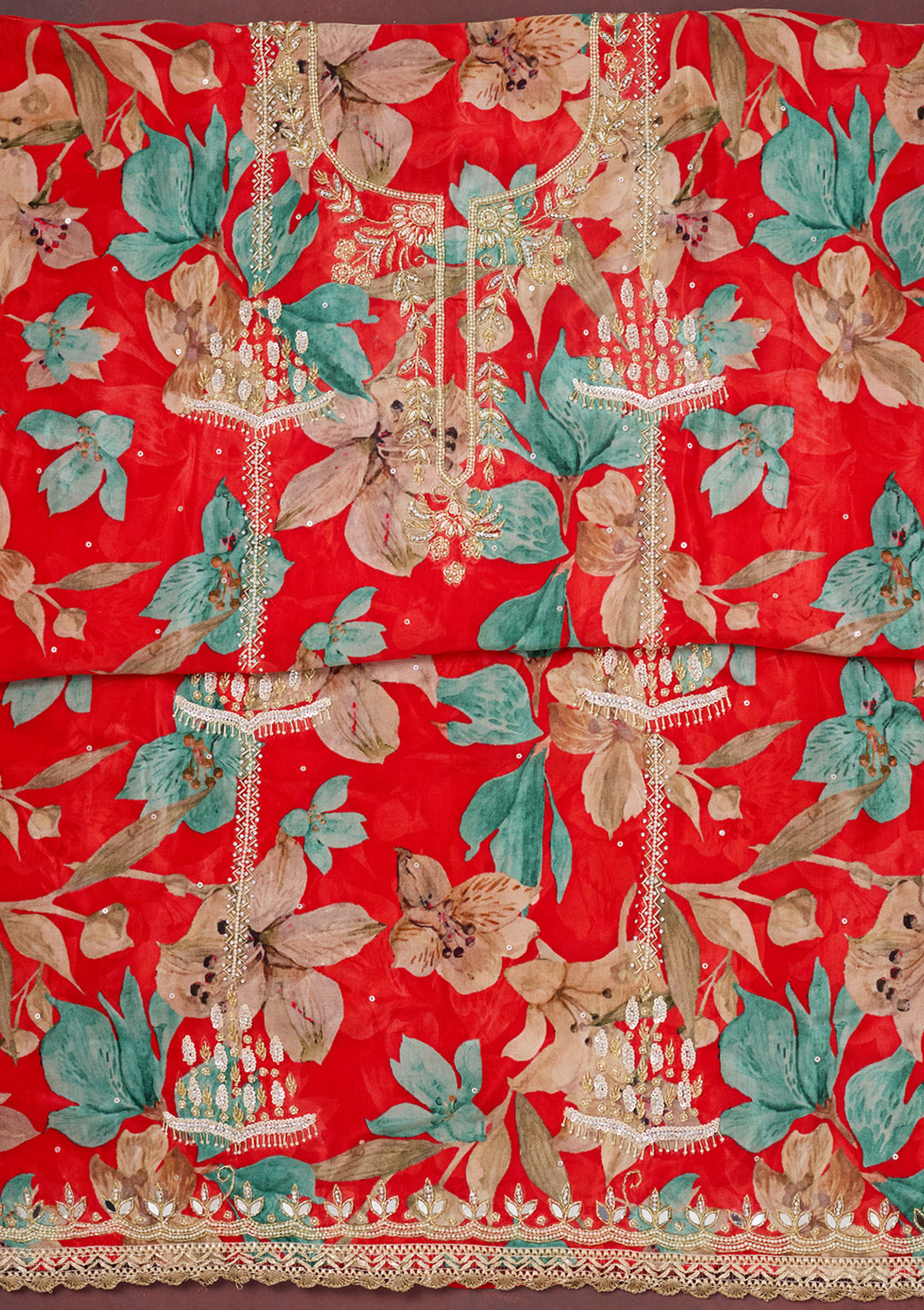 Red Cutdana Semi Crepe Unstitched Salwar Suit