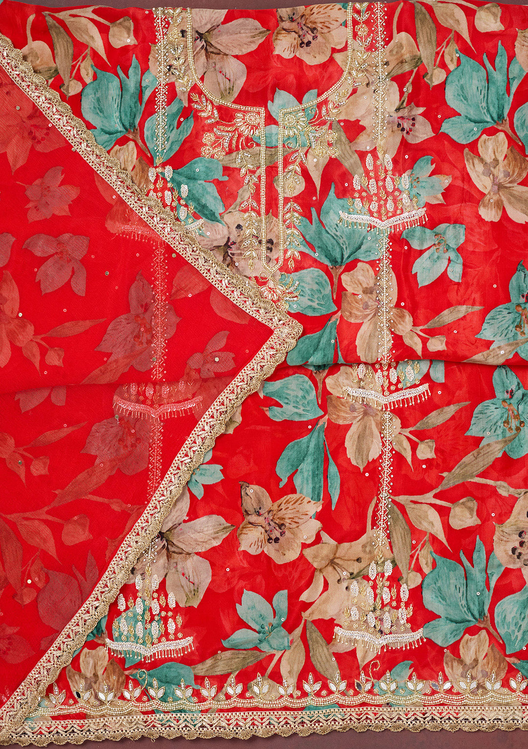 Red Cutdana Semi Crepe Unstitched Salwar Suit