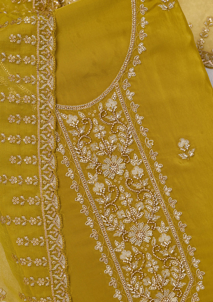 Mehendi Threadwork Semi Crepe Unstitched Salwar Suit