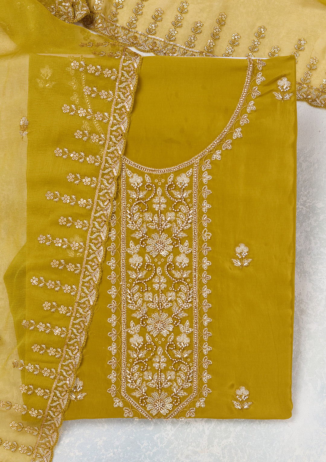Mehendi Threadwork Semi Crepe Unstitched Salwar Suit