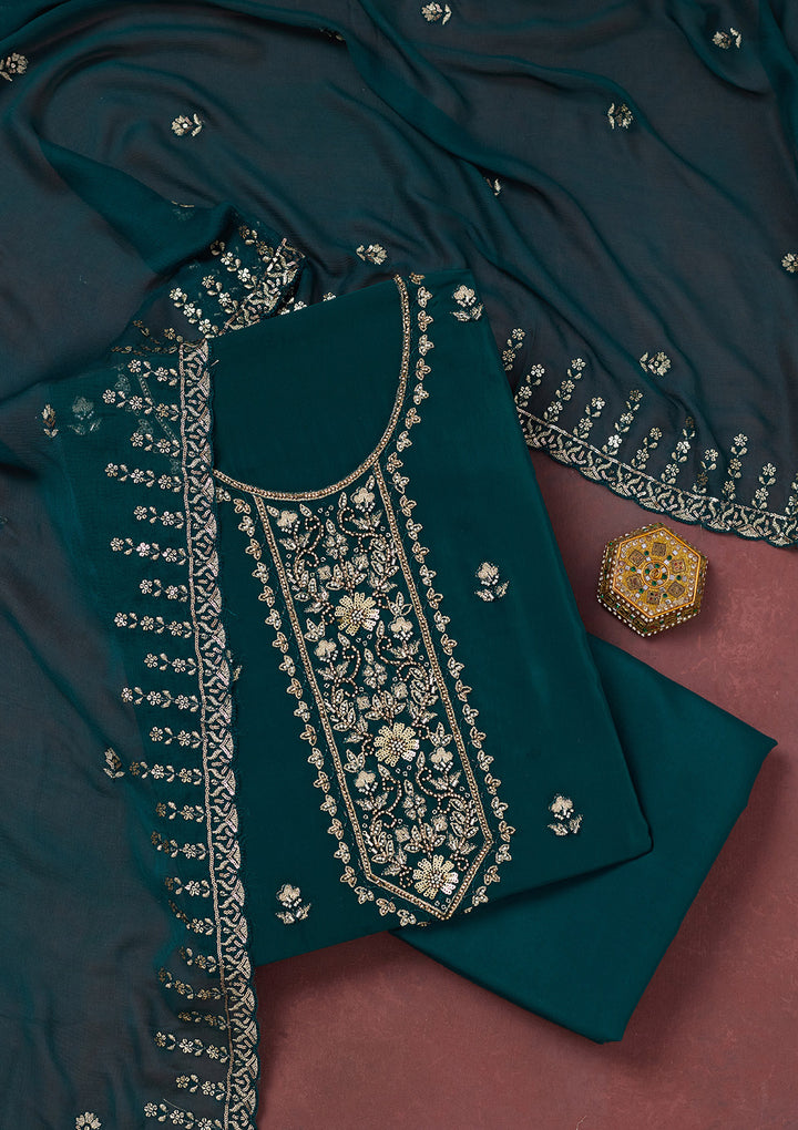 Peacock Blue Threadwork Semi Crepe Unstitched Salwar Suit