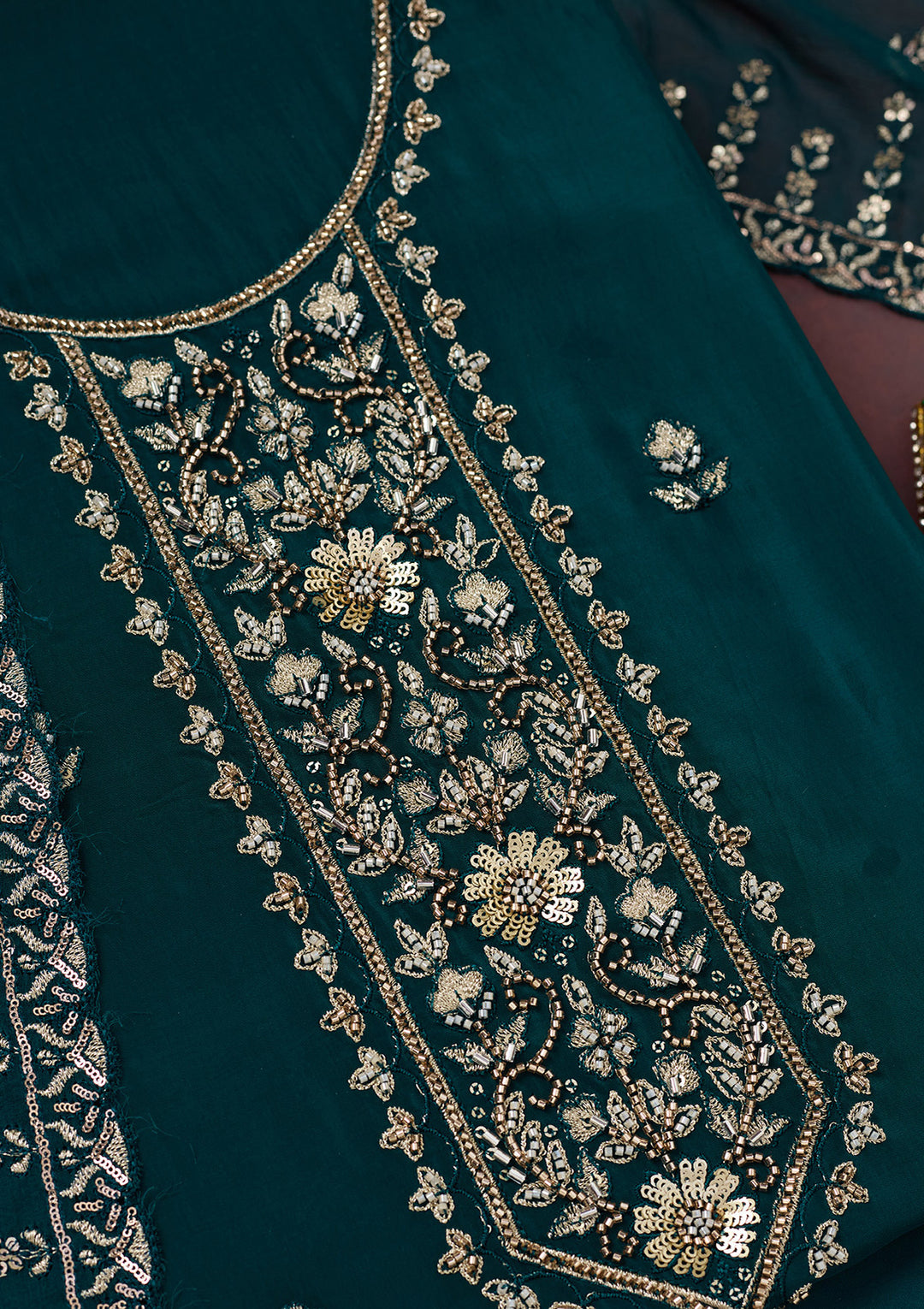 Peacock Blue Threadwork Semi Crepe Unstitched Salwar Suit