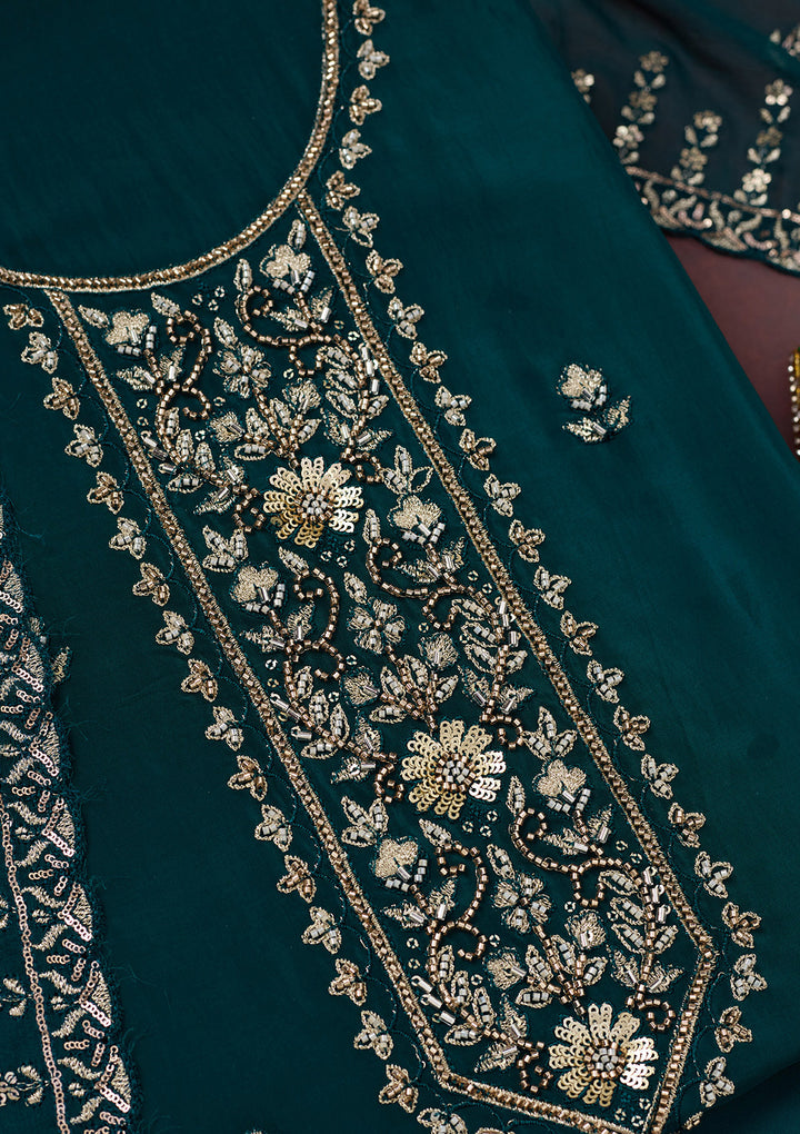 Peacock Blue Threadwork Semi Crepe Unstitched Salwar Suit