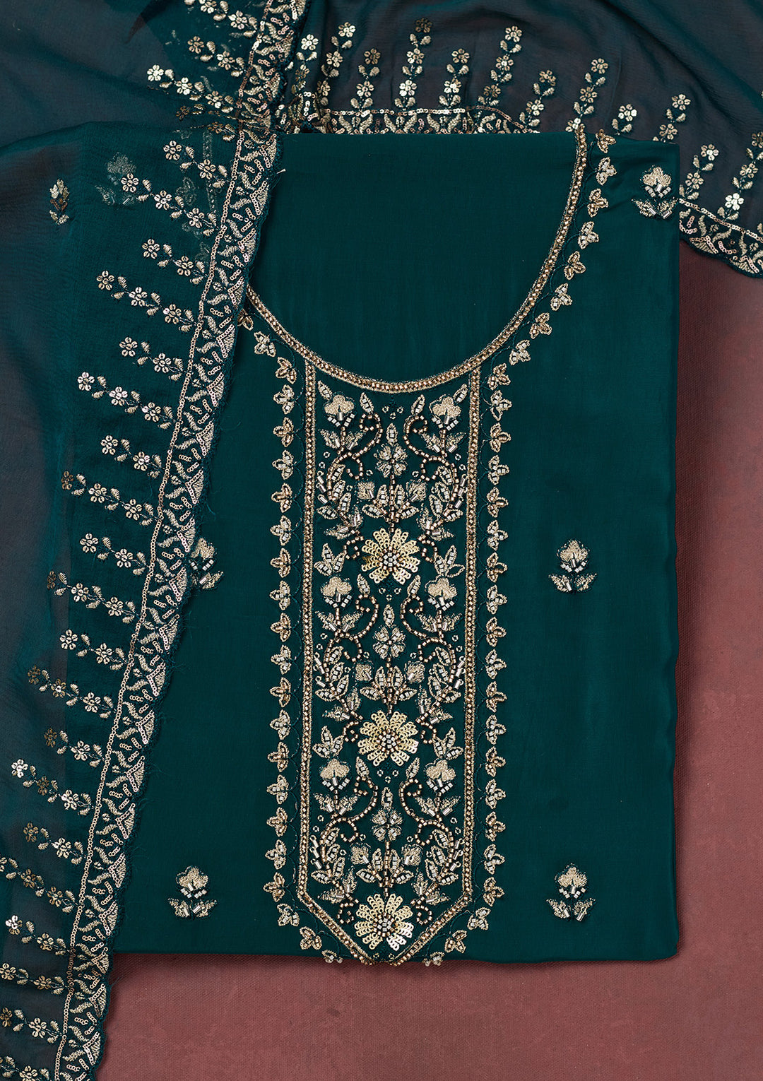 Peacock Blue Threadwork Semi Crepe Unstitched Salwar Suit