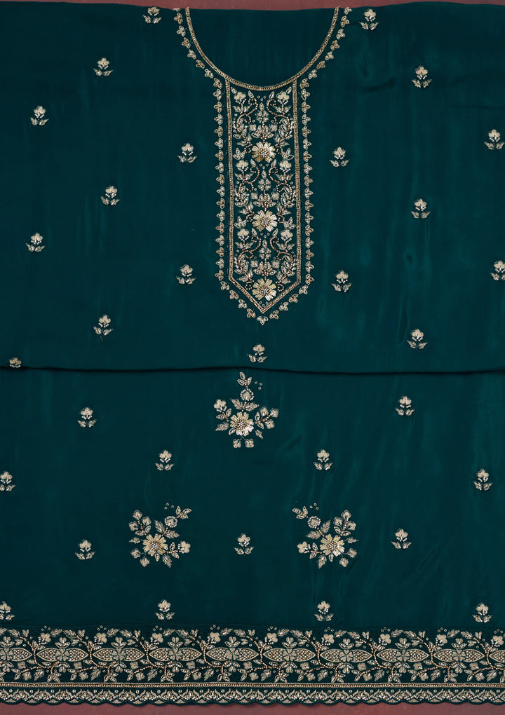 Peacock Blue Threadwork Semi Crepe Unstitched Salwar Suit