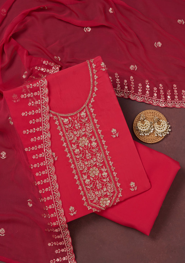 Rani Pink Threadwork Semi Crepe Unstitched Salwar Suit