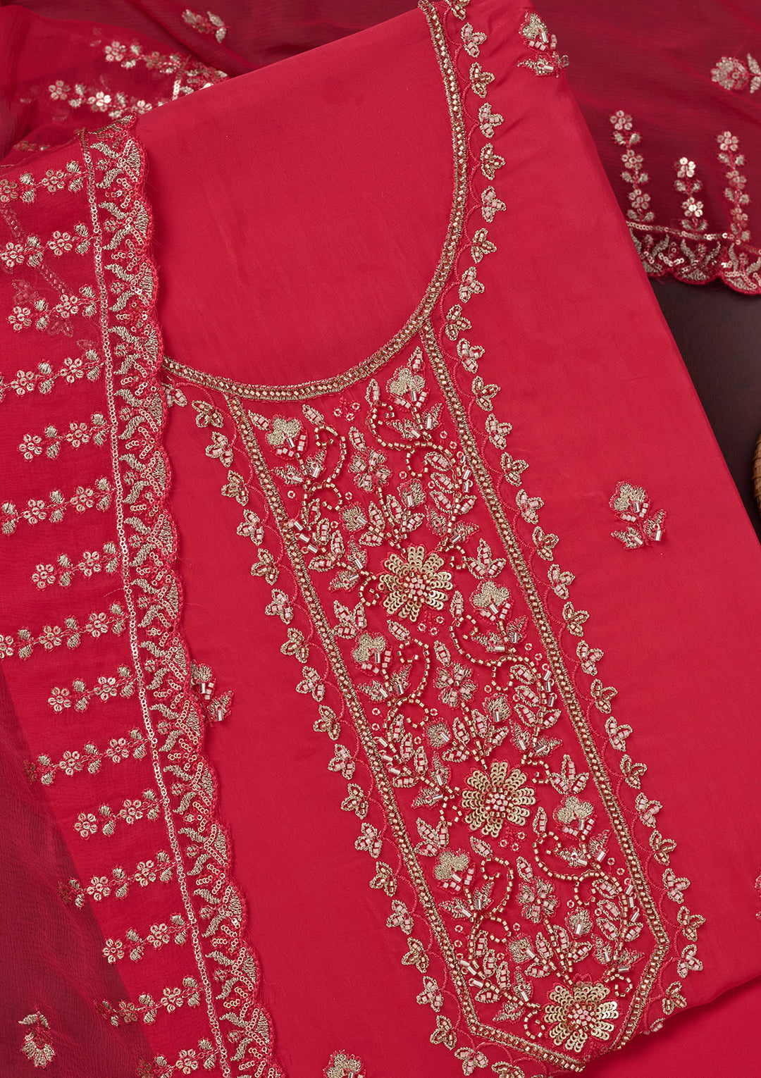 Rani Pink Threadwork Semi Crepe Unstitched Salwar Suit