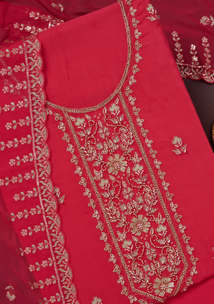 Rani Pink Threadwork Semi Crepe Unstitched Salwar Suit