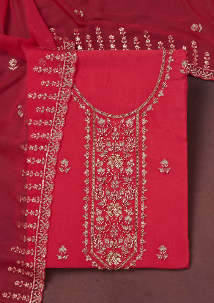 Rani Pink Threadwork Semi Crepe Unstitched Salwar Suit