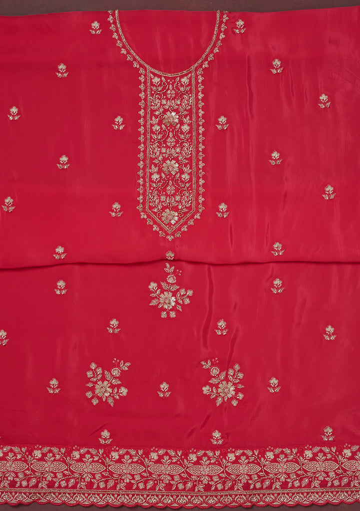 Rani Pink Threadwork Semi Crepe Unstitched Salwar Suit