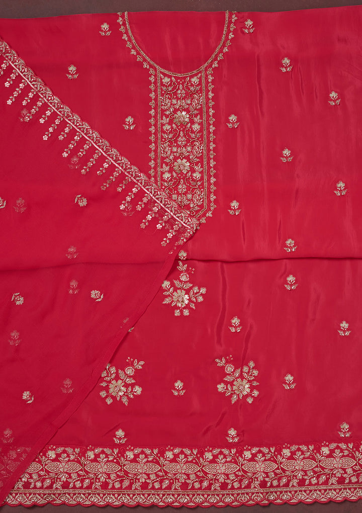 Rani Pink Threadwork Semi Crepe Unstitched Salwar Suit