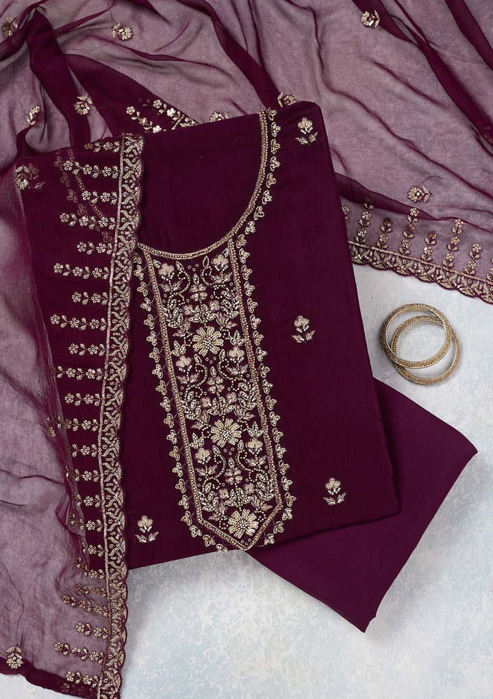 Wine Threadwork Semi Crepe Unstitched Salwar Suit