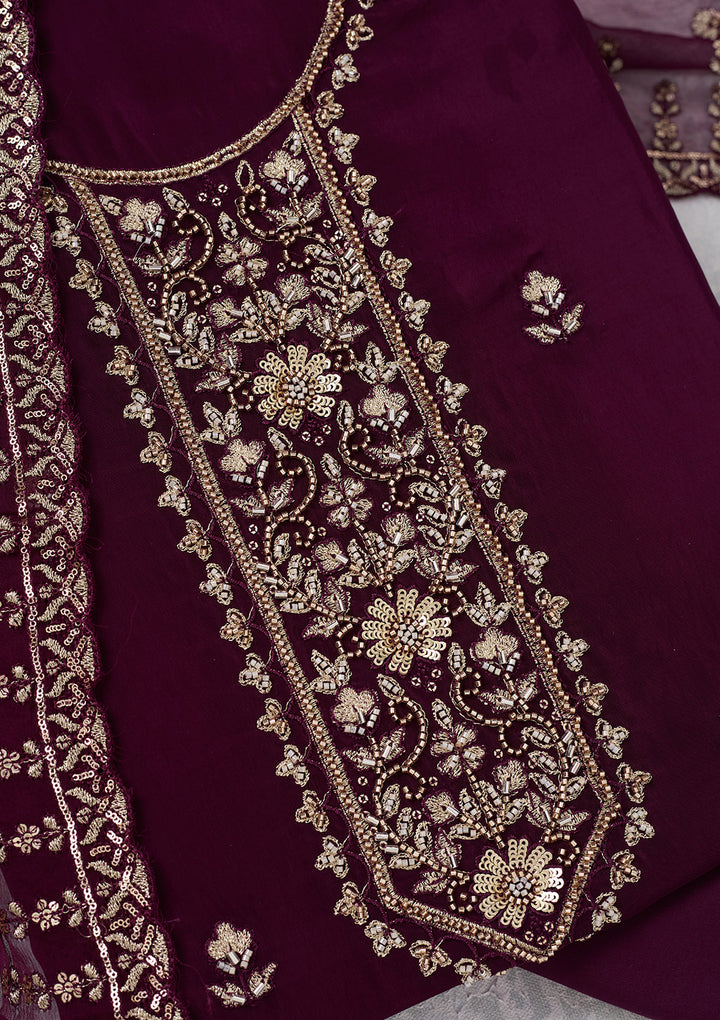 Wine Threadwork Semi Crepe Unstitched Salwar Suit