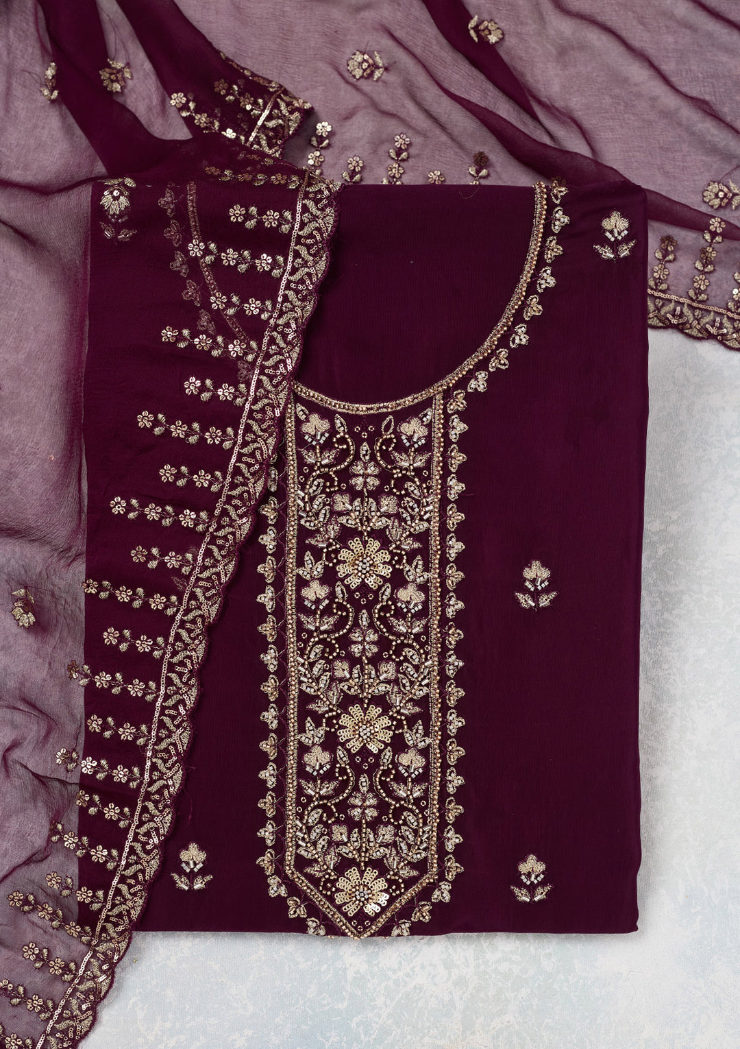 Wine Threadwork Semi Crepe Unstitched Salwar Suit