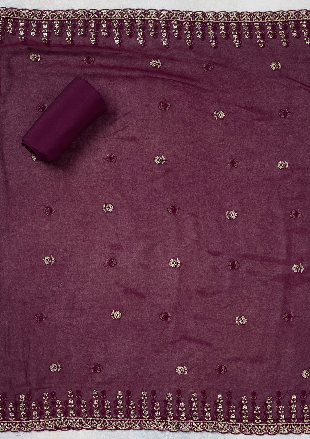 Wine Threadwork Semi Crepe Unstitched Salwar Suit