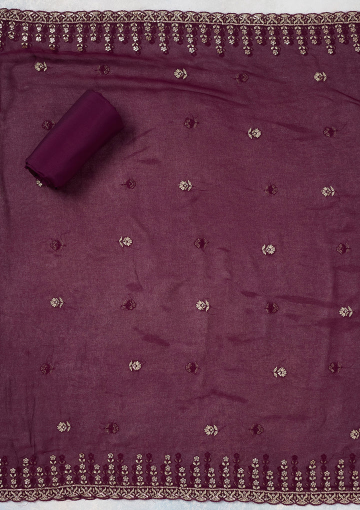 Wine Threadwork Semi Crepe Unstitched Salwar Suit