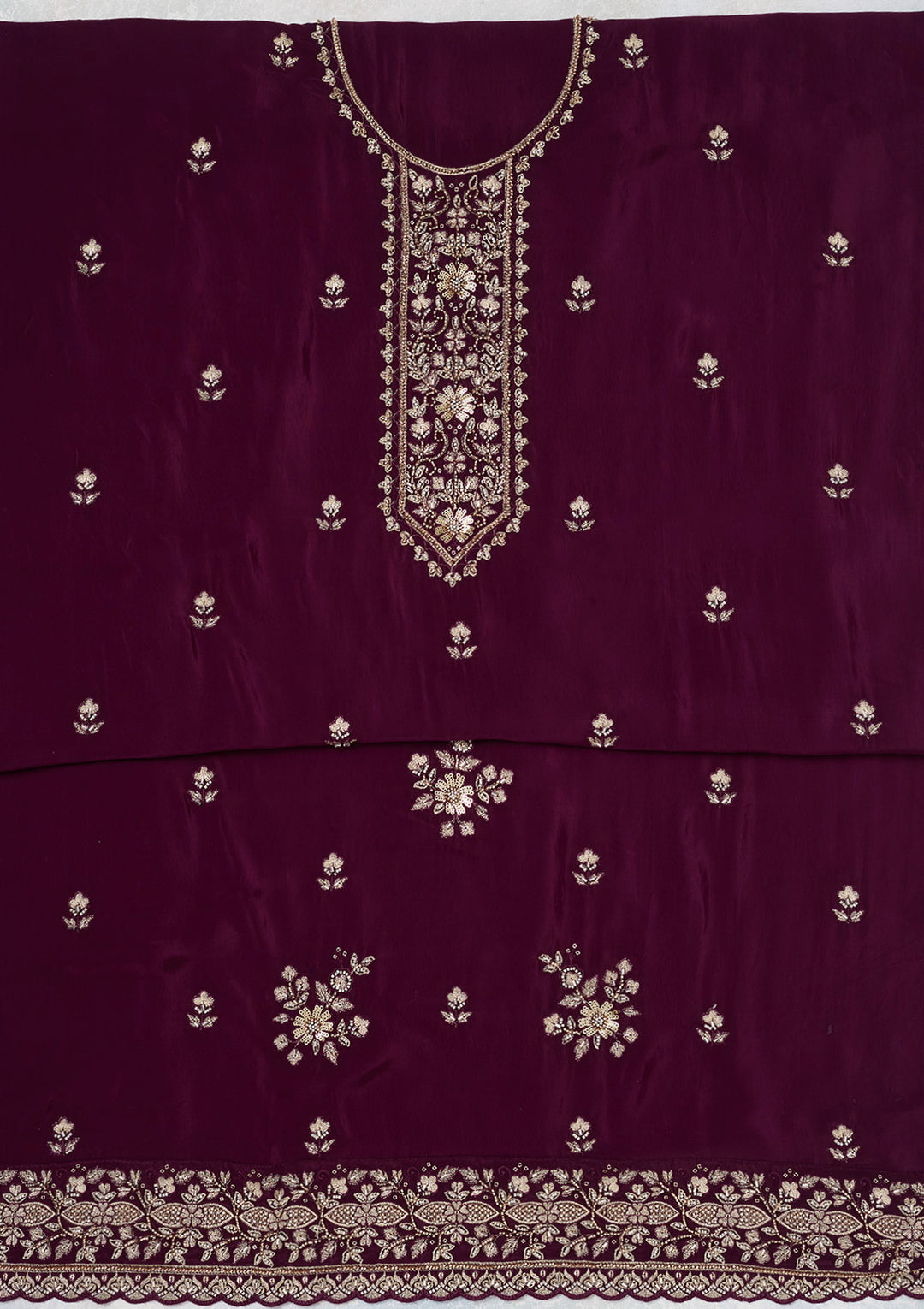 Wine Threadwork Semi Crepe Unstitched Salwar Suit