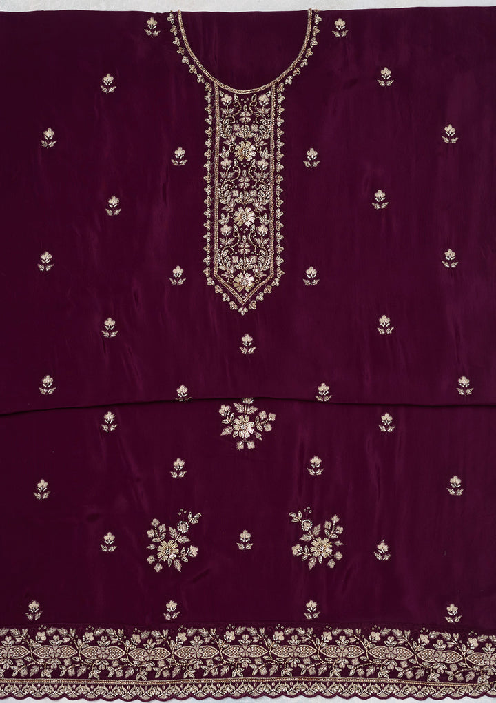 Wine Threadwork Semi Crepe Unstitched Salwar Suit