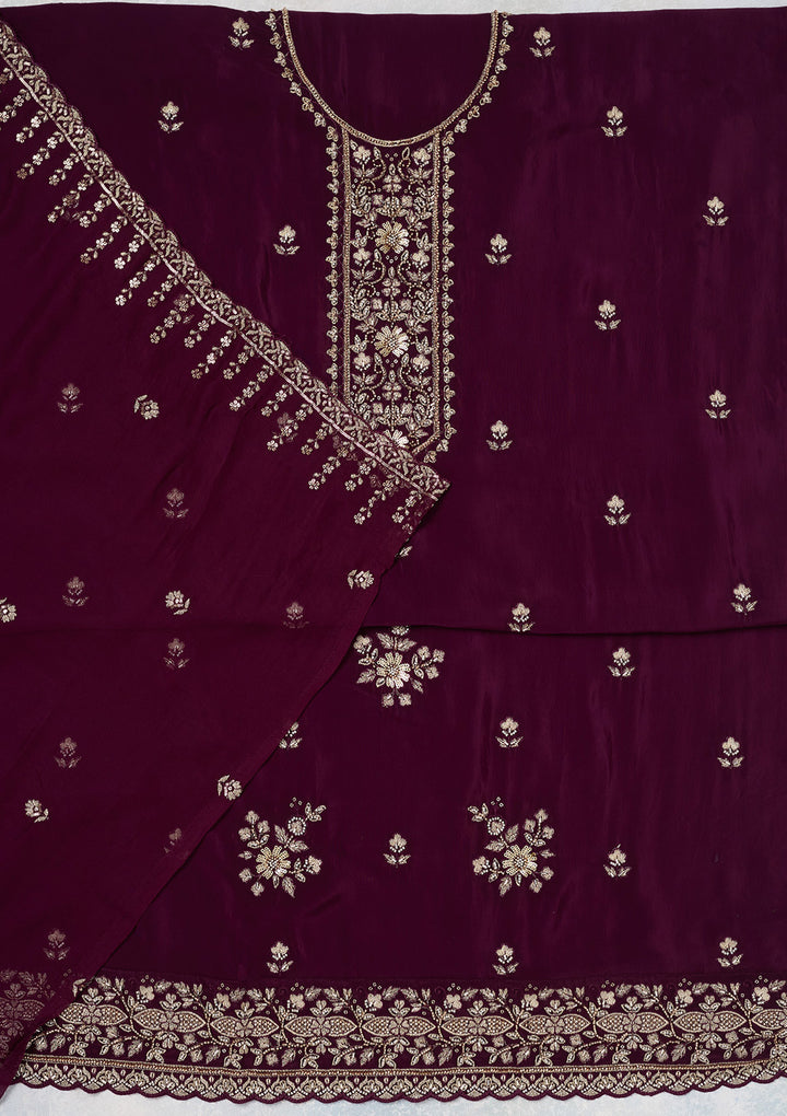 Wine Threadwork Semi Crepe Unstitched Salwar Suit