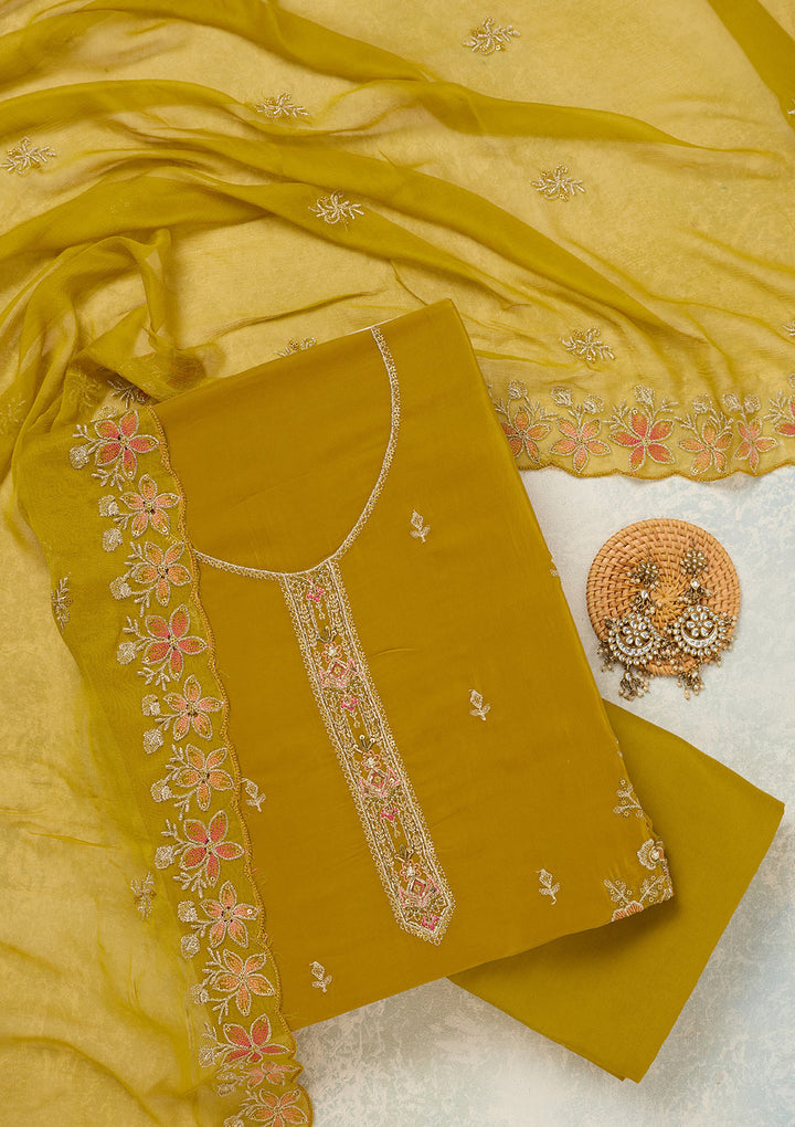 Mehendi Threadwork Semi Crepe Unstitched Salwar Suit