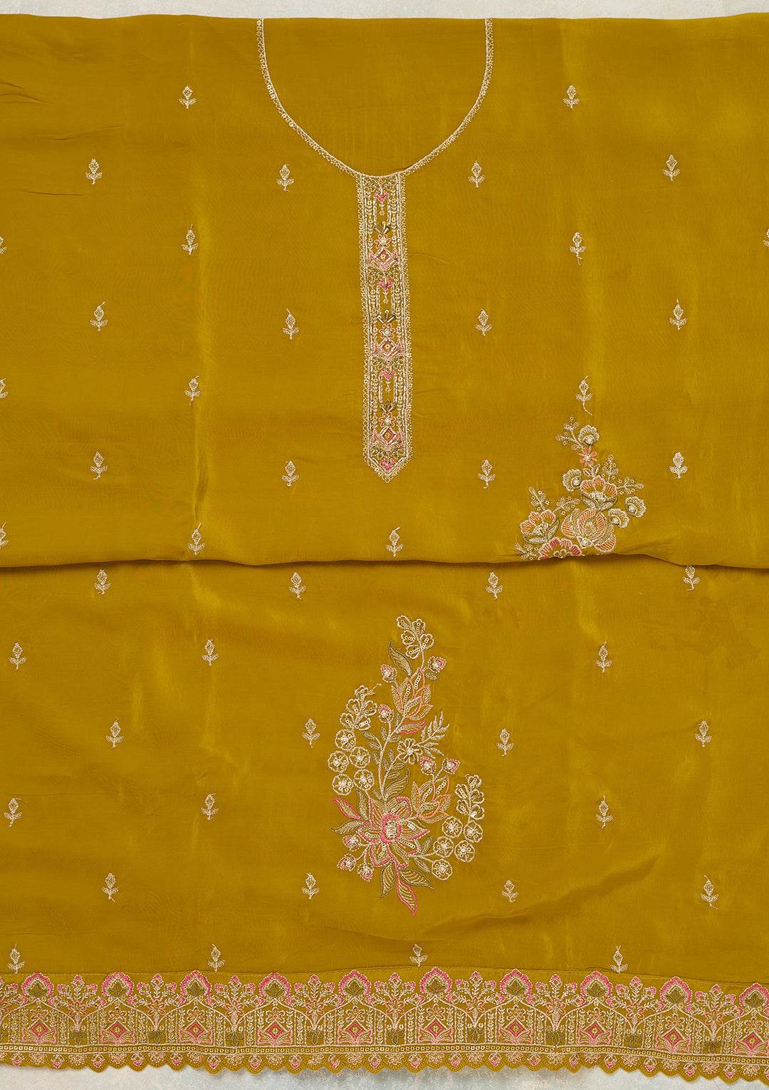 Mehendi Threadwork Semi Crepe Unstitched Salwar Suit