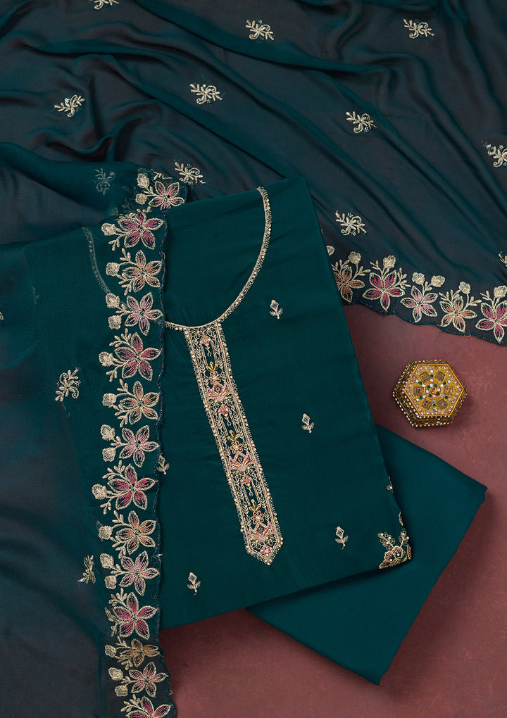 Peacock Blue Threadwork Semi Crepe Unstitched Salwar Suit