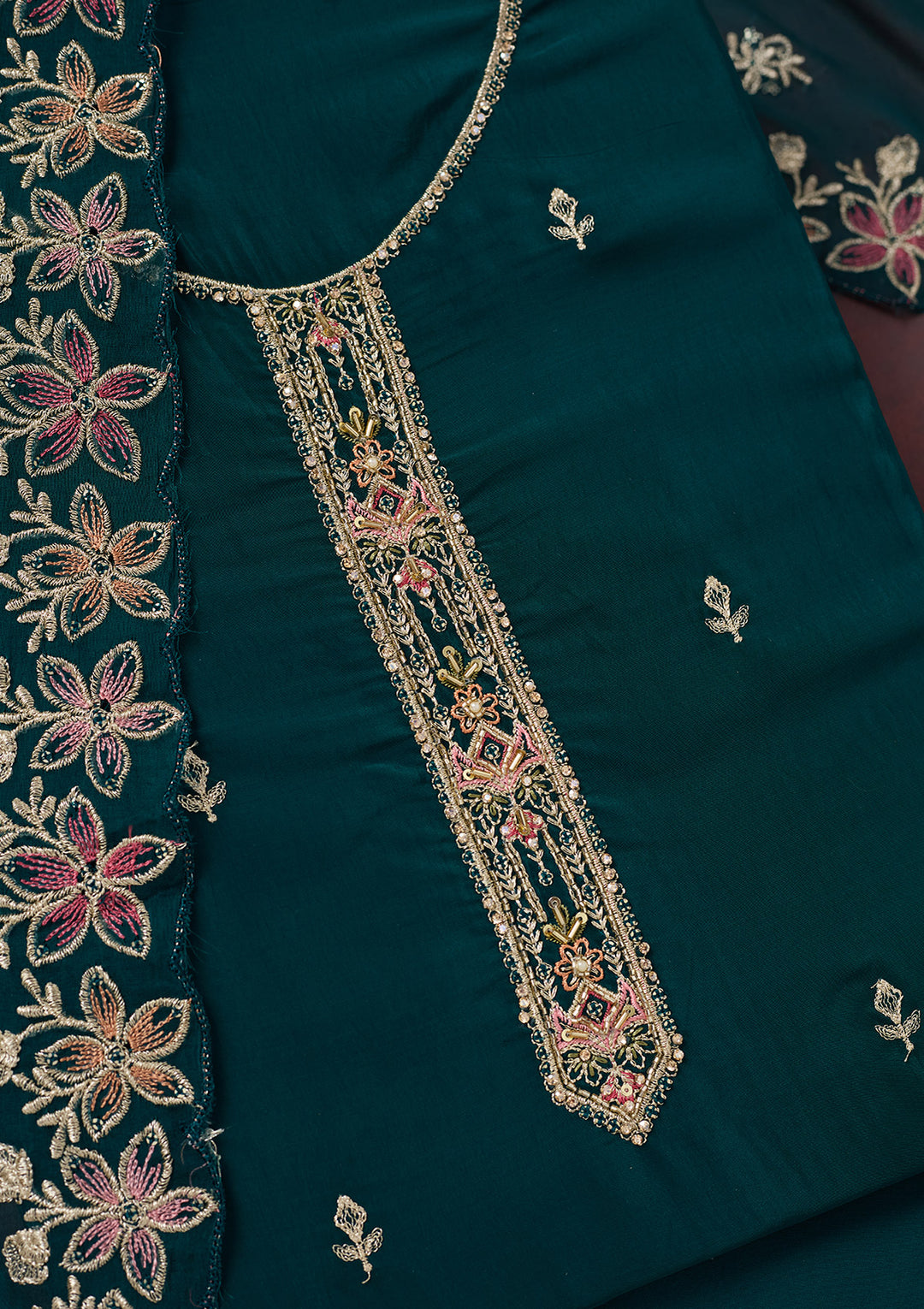 Peacock Blue Threadwork Semi Crepe Unstitched Salwar Suit