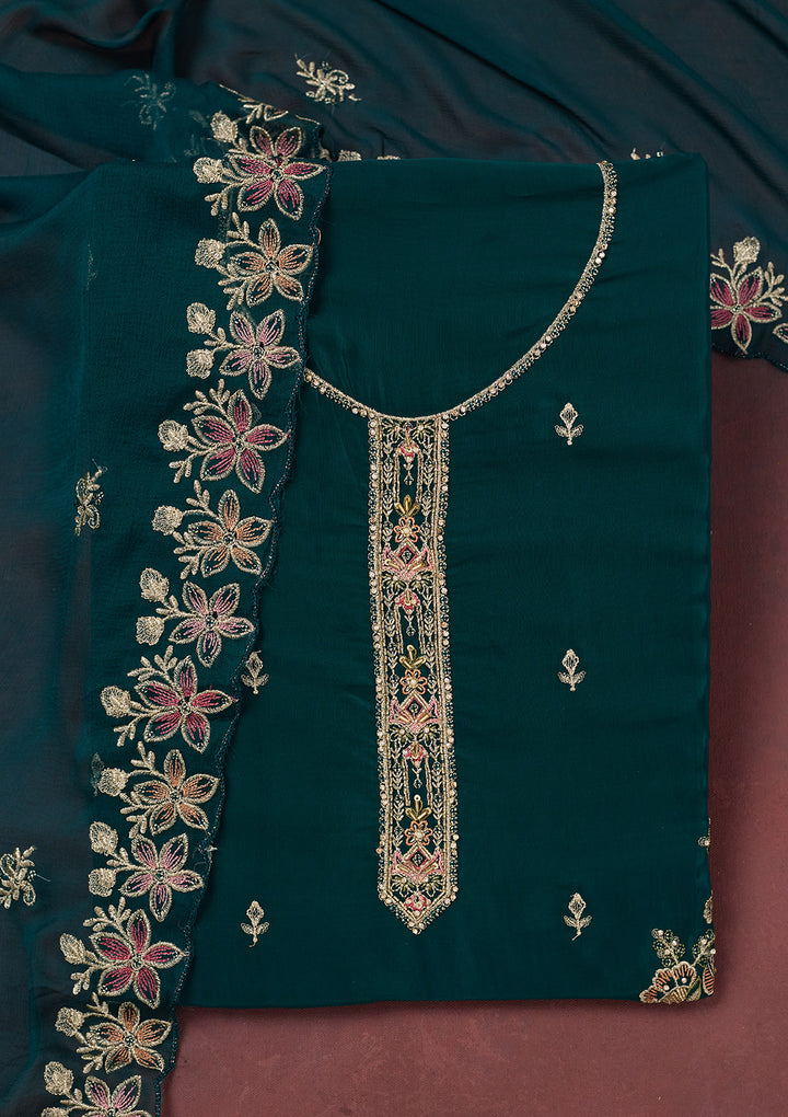 Peacock Blue Threadwork Semi Crepe Unstitched Salwar Suit