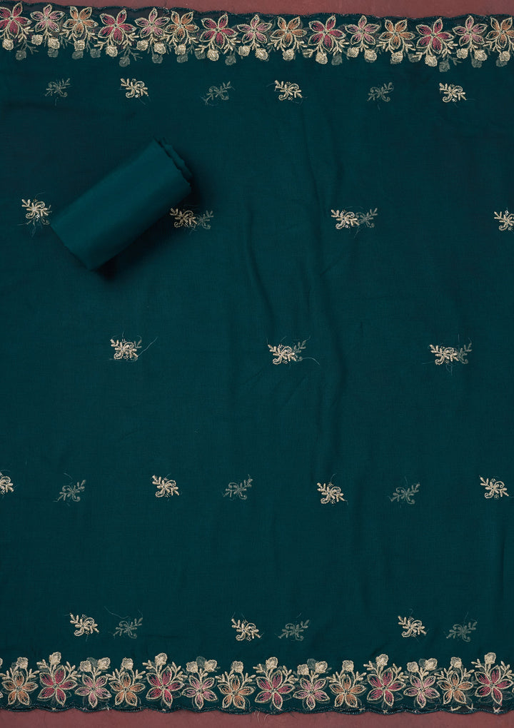 Peacock Blue Threadwork Semi Crepe Unstitched Salwar Suit