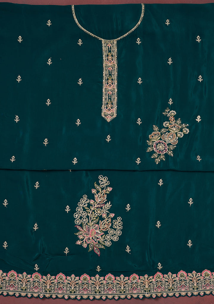 Peacock Blue Threadwork Semi Crepe Unstitched Salwar Suit