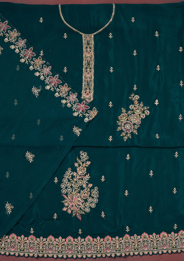 Peacock Blue Threadwork Semi Crepe Unstitched Salwar Suit