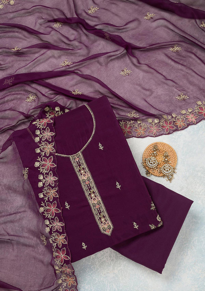 Wine Threadwork Semi Crepe Unstitched Salwar Suit