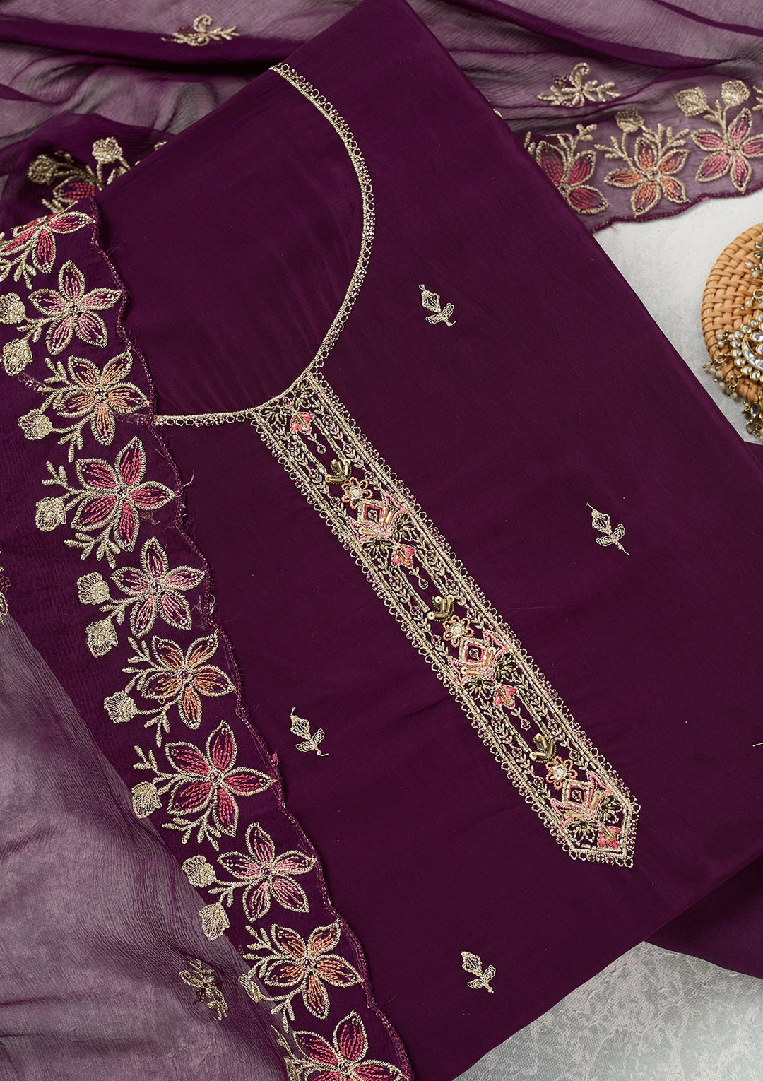 Wine Threadwork Semi Crepe Unstitched Salwar Suit