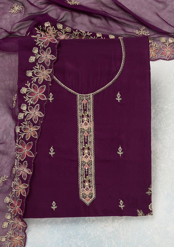 Wine Threadwork Semi Crepe Unstitched Salwar Suit